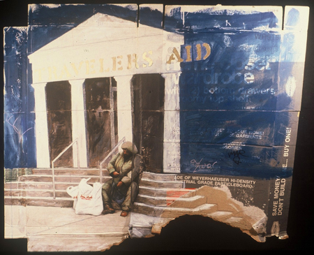 painting of homeless man on cardboard