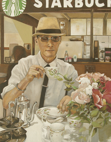painting man drinks coffee