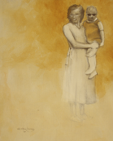 pencil drawing woman holds baby wearing sunglasses