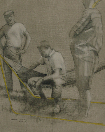 pencil drawing three people standing around