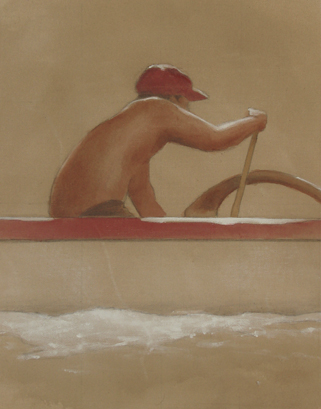 drawing man paddling outrigger canoe