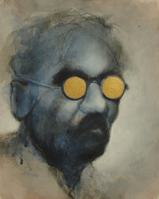 mixed media drawing man s portrait with gold glasses