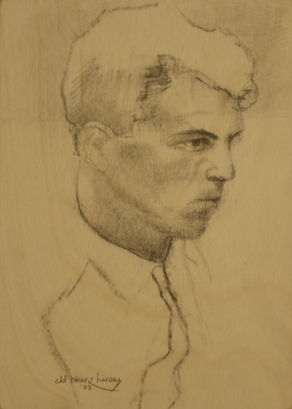 drawing on wood thoughtful man