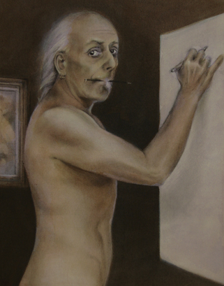 mixed media drawing of the artist making a self portrait