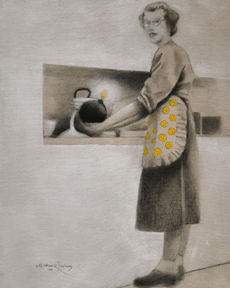 woman holding a bomb in her kitchen