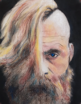 bearded man with hair over one eye